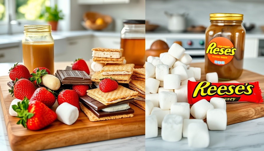 Savory s'mores hacks with fruits and candies on a board.