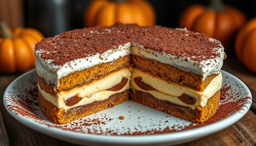 High-protein pumpkin tiramisu sliced, showcasing creamy layers.
