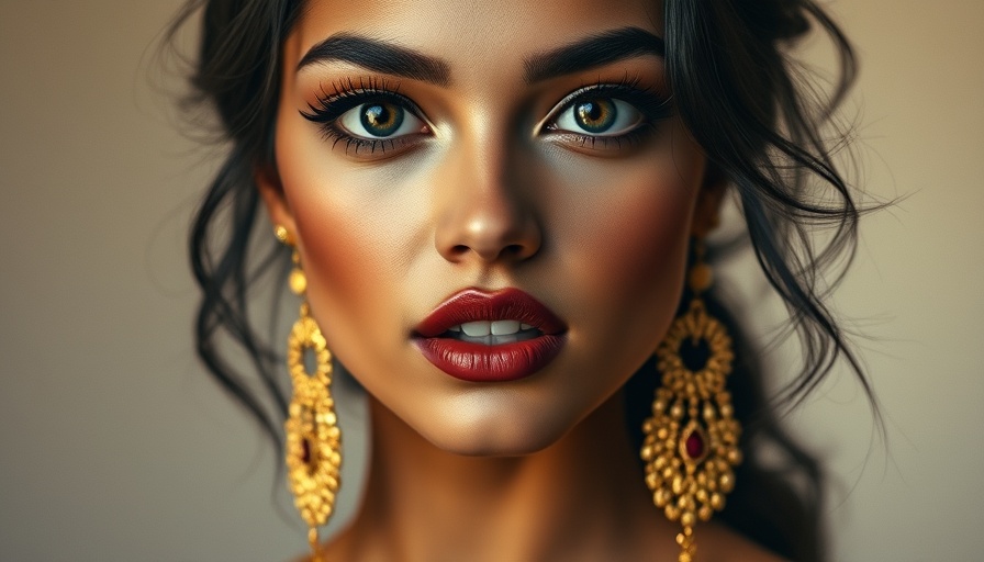 Striking young woman with bold brown lipstick, soft-focus warm background.