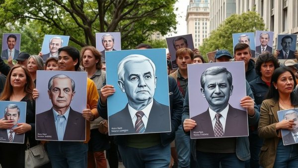 Protest in Venezuela with posters of political figures, urban setting.