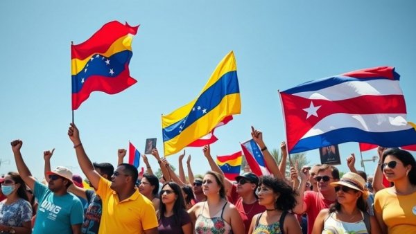 Protesters waving Venezuelan flags in a vibrant demonstration.