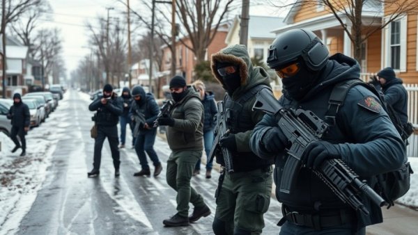 Artificial Intelligence Technology and Misinformation in a tense street scene.