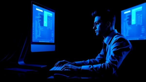 Pixelated professional evaluating AI performance at desk with blue tones.