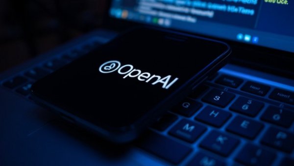 OpenAI logo on smartphone screen over laptop, symbolizing AI technology talent movement.