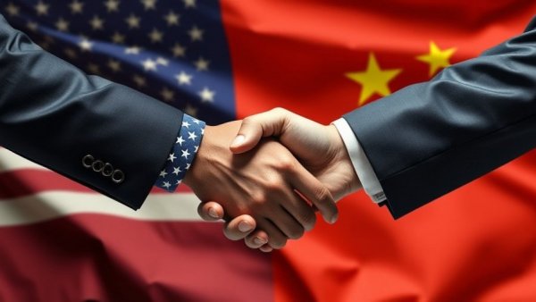 US and China collaboration in AI research illustrated by a handshake and flags.