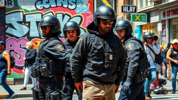 AI in Immigration Enforcement scene with officers detaining suspect in urban area.