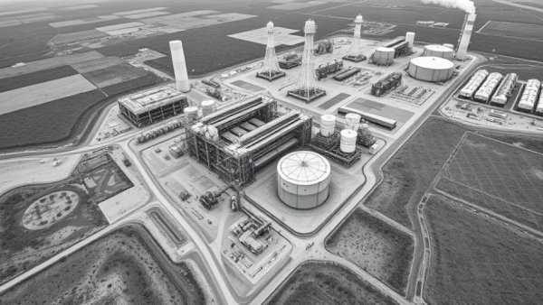 US gas boom driven by data centers with industrial complex and towers.