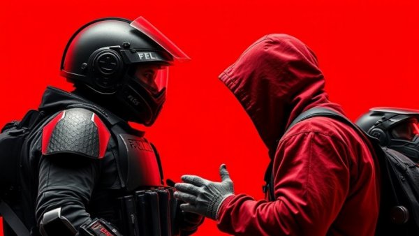 Confrontational scene with officer and protester, bold red background, AI Generated Anti-ICE Videos.