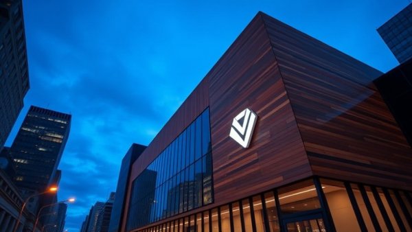 Evening view of a tech company building with modern design and illuminated logo.