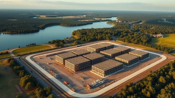 Aerial view of data center construction near lake and forest, evening light.
