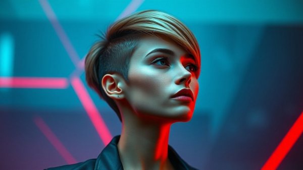 AI Technology portrayal in digital art with modern woman and geometric background