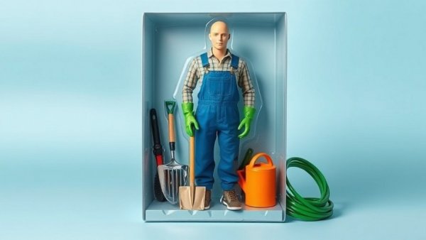 Plastic mannequin gardener with tools in a box, AI agents hire humans