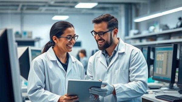 Engineers in tech lab discussing AI technology in defense.