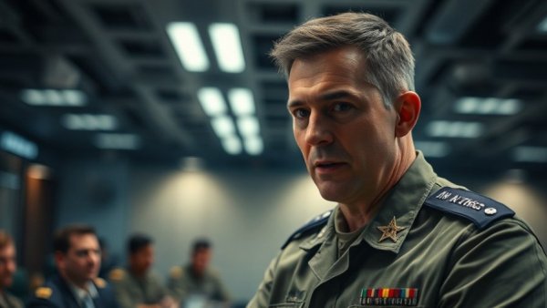 Military leader discussing AI ethics with intense expression.