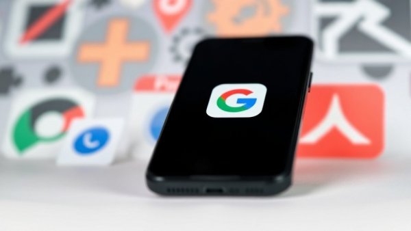 Smartphone displaying Google app icon with abstract symbol background.