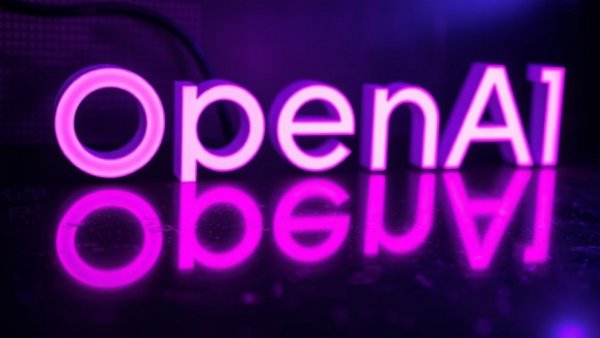 OpenAI logo with neon glow, dark reflective backdrop.