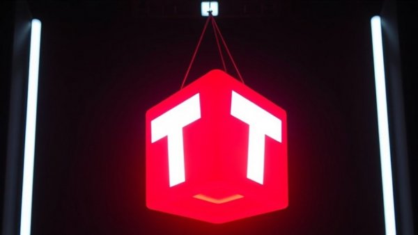 Glowing red cube with T logos, dark ambiance, AI Call Assistant theme.