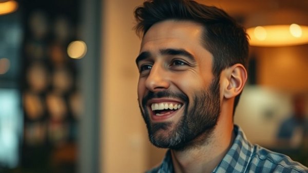 Confident man speaking in warm indoor lighting.