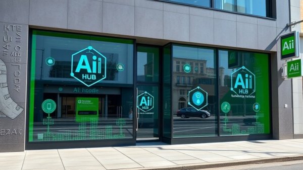 Modern AI tech hub storefront with city reflections.