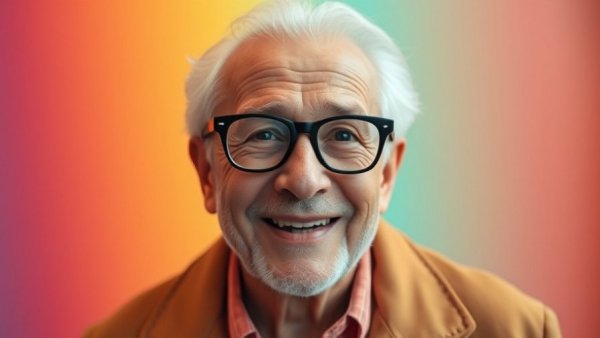 Elderly man smiling with colorful gradient background, Artificial Intelligence.
