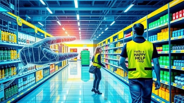 AI Shopping Experiences collage: digital hand and helpful employee.