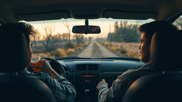 Young men in a car on rural road, one drinking, evening lighting.