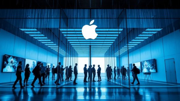 Futuristic Apple store showcasing iPhone 100-Year Vision AI concept.