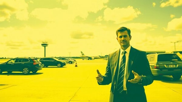 Stylized image of a man shrugging on tarmac with SUVs in background.