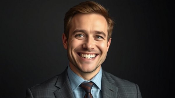 Cheerful suited man smiling in a photorealistic lifelike portrait, Meta Muse Spark AI.