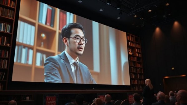 AI summit presentation screen illustrating a speaker and bookshelf background, focusing on AI liability limits.