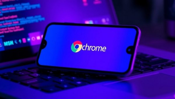 Smartphone with Google Chrome logo on laptop keyboard, AI skills in Google Chrome.