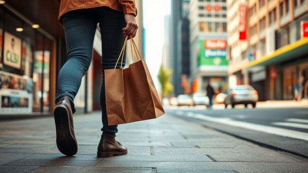 Person walking with a shopping bag in urban setting, showcasing footwear.