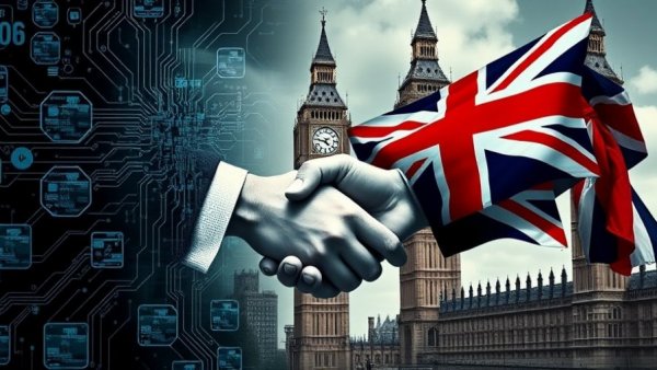 Sovereign AI Fund concept with tech, diplomacy, and UK symbols.