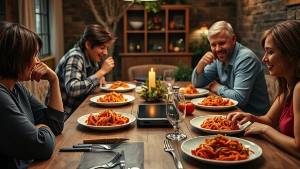 Family dinner table with recording device in center.