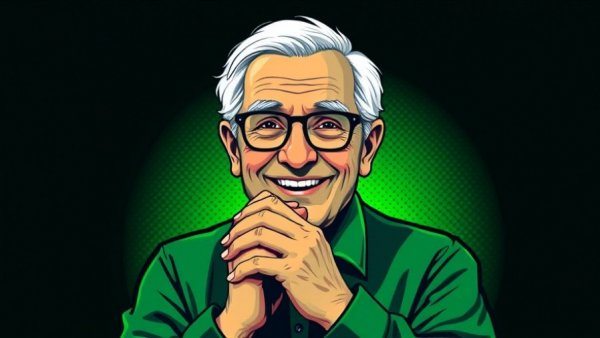 Stylized elder in glasses clasping hands in gratitude, AI art.