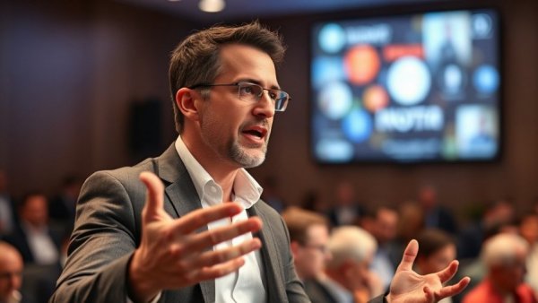 Speaker passionately discussing AI designed drugs clinical trials at a conference.