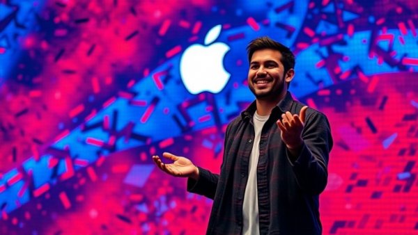 Confident man presenting on stage with Apple logo, digital art style.