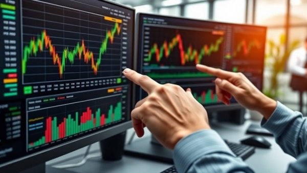 Hands analyze stock data on multiple screens, highlighting AI technology.