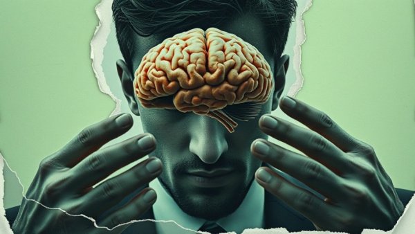Surreal collage with brain and hands, exploring AI dependency and cognitive skills.