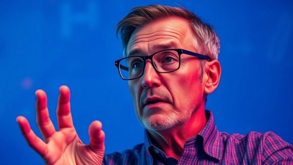 AI and Humanity’s Big Retirement: Expressive man in artistic red overlay.