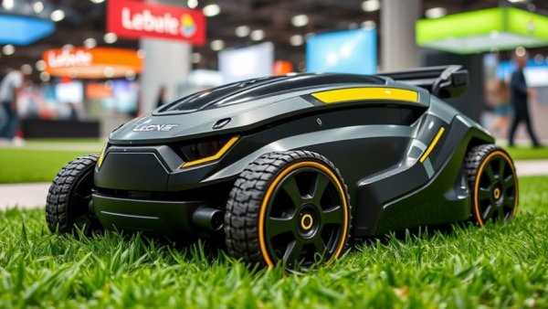 Hackable robot lawn mower showcased in trade exhibit highlighting security risks.