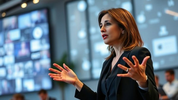 Engaged female speaker discusses AI technology at a conference.