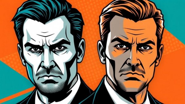 Pop art illustration of serious men for Musk v. Altman Trial.