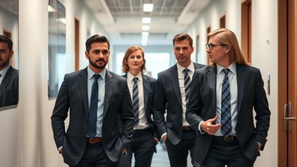 Professional individuals in suits walking, AI Technology focus