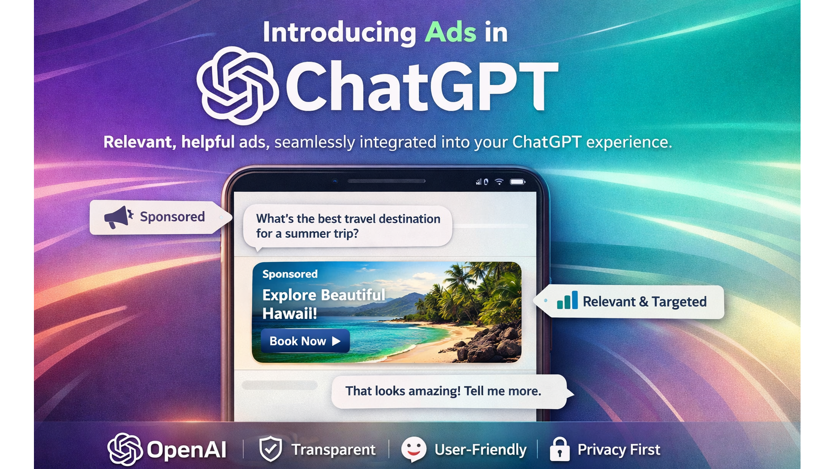 AI Advertising in ChatGPT: Smartphones displaying OpenAI logos in a tech setting.