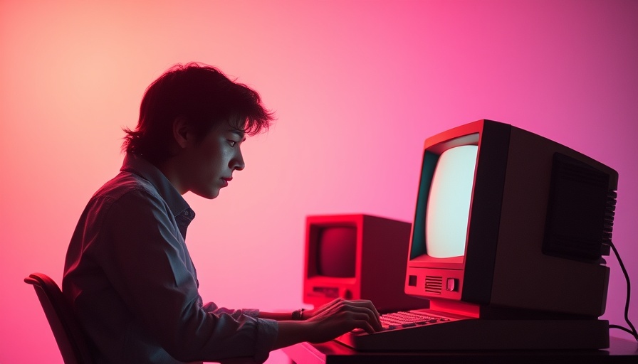 Retro silhouette of person using vintage computer with pastel colors.