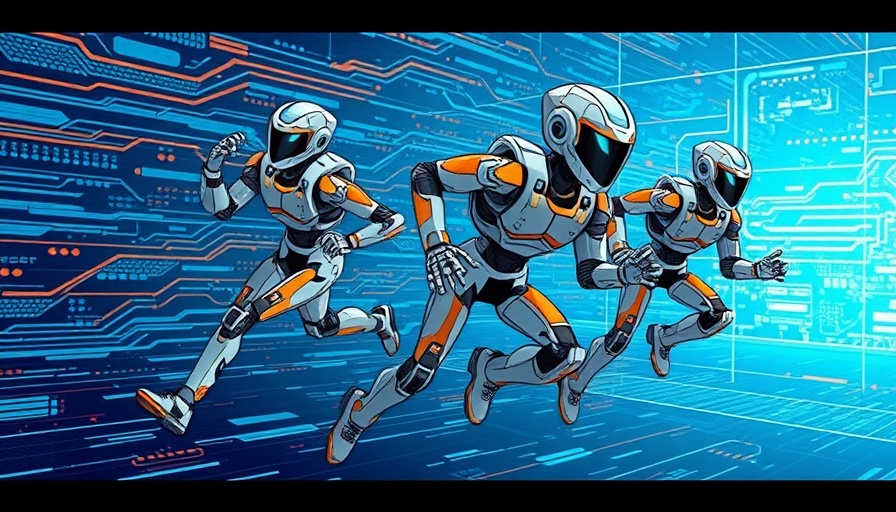 Futuristic AI robots sprinting forward in a tech-inspired cartoon style.