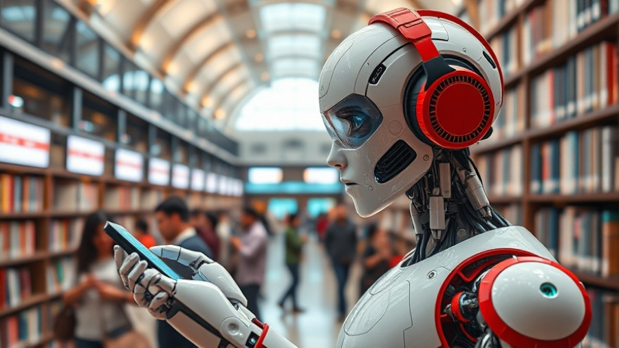 AI for business robot in a futuristic library environment.
