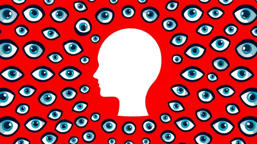 Minimalist head silhouette with eyes on vibrant red background, AI psychosis concept