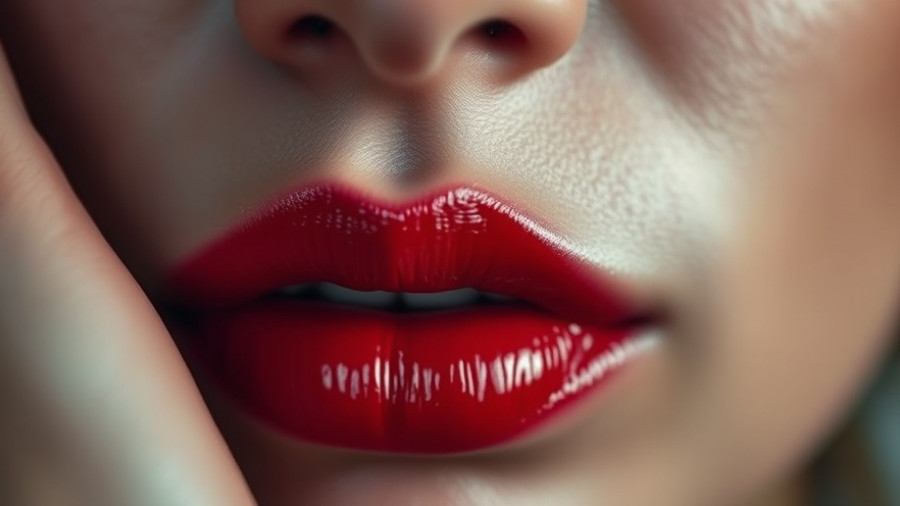 Glossy red lips close-up, highlighting texture and color.